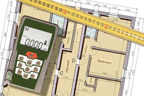 Precision measurement and survey of a residential building - concept with laser measure device
