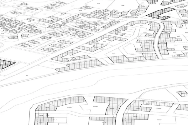 Inbillad Fastighetskarta Över Territorium Med Byggnader Vägar Och Markpaket Fastighetsregister — Stockfoto