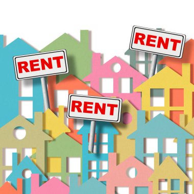 Real estate concept with colorful cardboard buildings design and placards with Rente text written rent on it clipart