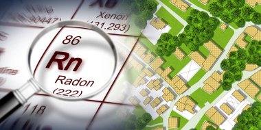 Şehirlerimizdeki radon gazı tehlikesi - elementlerin periyodik tablosu, büyütme lensi ve hayali kadastro haritası konsepti