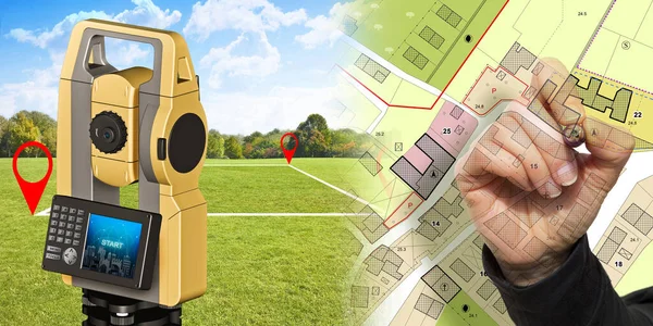 Land plot management - real estate concept with a vacant land available for building construction and housing in a residential area with a geodesic device, called Total Station