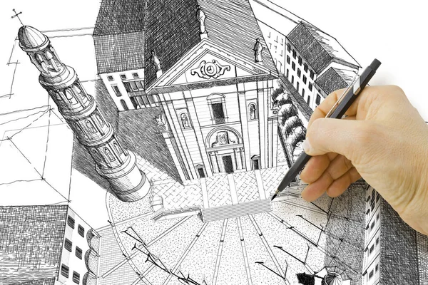 Hand drawing with a pencil a sketch of an old italian city