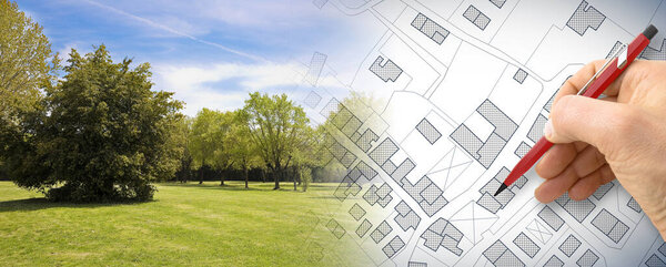 Воображаемая карта территории с общественным парком, лугом и деревьями