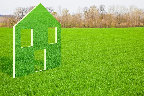 Land plot management - real estate concept with a vacant land on a green field available for building construction with a green home icon