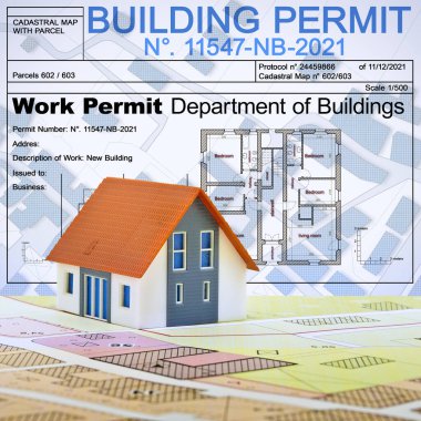 Building Permit concept with imaginary building approvation and residential home against a cadastral map and General Urban Planning 