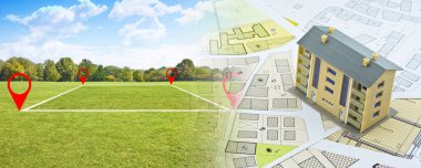 Land plot management - real estate concept with a vacant land for building construction, imaginary General Urban Plan with indications of urban destinations and condominium residential building