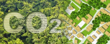 Planting more trees reduce the amount of CO2 in our cities - concept with CO2 text against woodland and immaginary city map