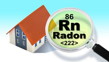 The danger of natural radon gas in our homes - concept with presence of radon gas under the soil of buildings with magnifying glass and home model