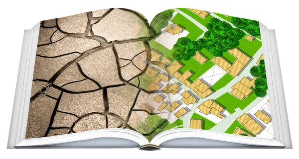 Concept of desertification with a green city that turns into an arid ad infertile land - Real opened book concept