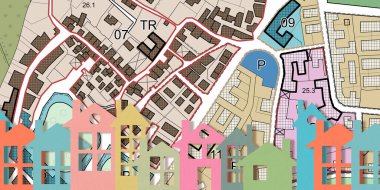 Conceptual cityscape with cardboard buildings and imaginary General Urban Plan with zoning regulations and zoning districts