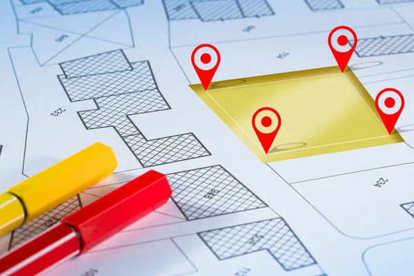 stock image Land management concept with an imaginary cadastral map of territory with a vacant land available for sale or building constructio