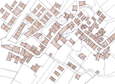 Imaginary cadastral map with buildings, land parcel and vacant plot - land records and property registry concept - freehand sketch