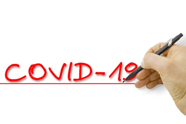 Hand Writing Coronavirus Covid Text White Background Concept Image — Zdjęcie stockowe