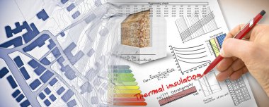 Engineer writing formulas and diagrams about thermal insulation and buildings energy efficiency - concept image with city map.