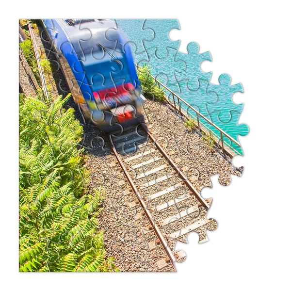 计划你的旅行乘火车 概念图像在拼图沙 — 图库照片