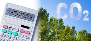 Karbondioksit azaltımına malolur. Ormanlık ve hesap makinesine karbondioksit içeren konsept görüntü..