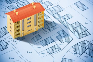 Kadastro parselli hayali kadastro haritası, boş arazi arazileri ve apartman modeli.