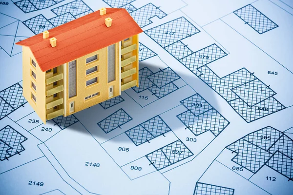 カダストラル小包 空の土地プロットとマンション住宅モデルと架空のカダストラルマップ — ストック写真