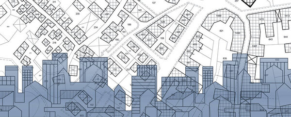 Концепция недвижимости с городским пейзажем, жилое здание над воображаемой кадастровой картой территории со зданиями и земельным участком - концепция земельного кадастра