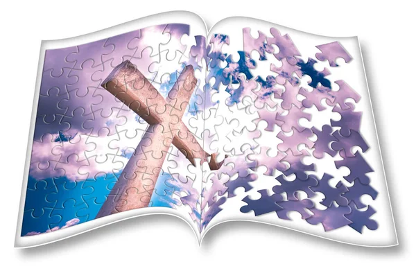 Otwarty Photobook Krzyżem Chrześcijańskim Kształcie Puzzle Koncepcja Renderingu — Zdjęcie stockowe