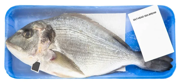 Fresh Gilthead Bream Fish Plastic Tray Cellophane Cover Packaging — Stock Photo, Image