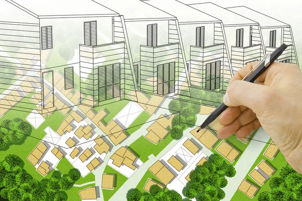 Architect drawing a residential building over an imaginary cadastral map of territory with buildings, land plots and green areas with gardens and trees