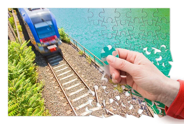 Plan your trip by train - concept image in jigsaw puzzle shap