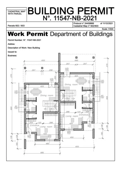 stock image Imaginary Building Permit - concept illustration with residential building project