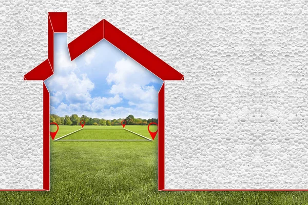Buildings energy efficiency concept with home covered with polystyrene according to the new European law with vacant land in a rural scene on background