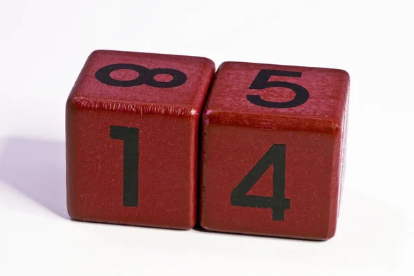 Number Fourteen Written Red Wooden Cube Calendar Date — Stock Photo, Image