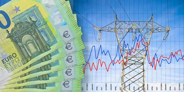 Steigendes Europäisches Stromkostenkonzept Mit Strommasten Hochspannungsleitungen Und Euro Banknote — Stockfoto