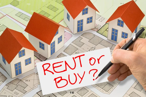 Rent or Buy concept with home icon, city plan and hand writing text