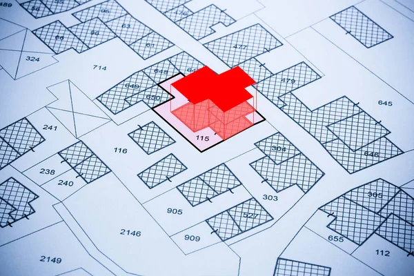 Föreställ Dig Fastighetskarta Med Byggnader Tomtmark Tomtmark Och Volymetrisk Formatplan — Stockfoto