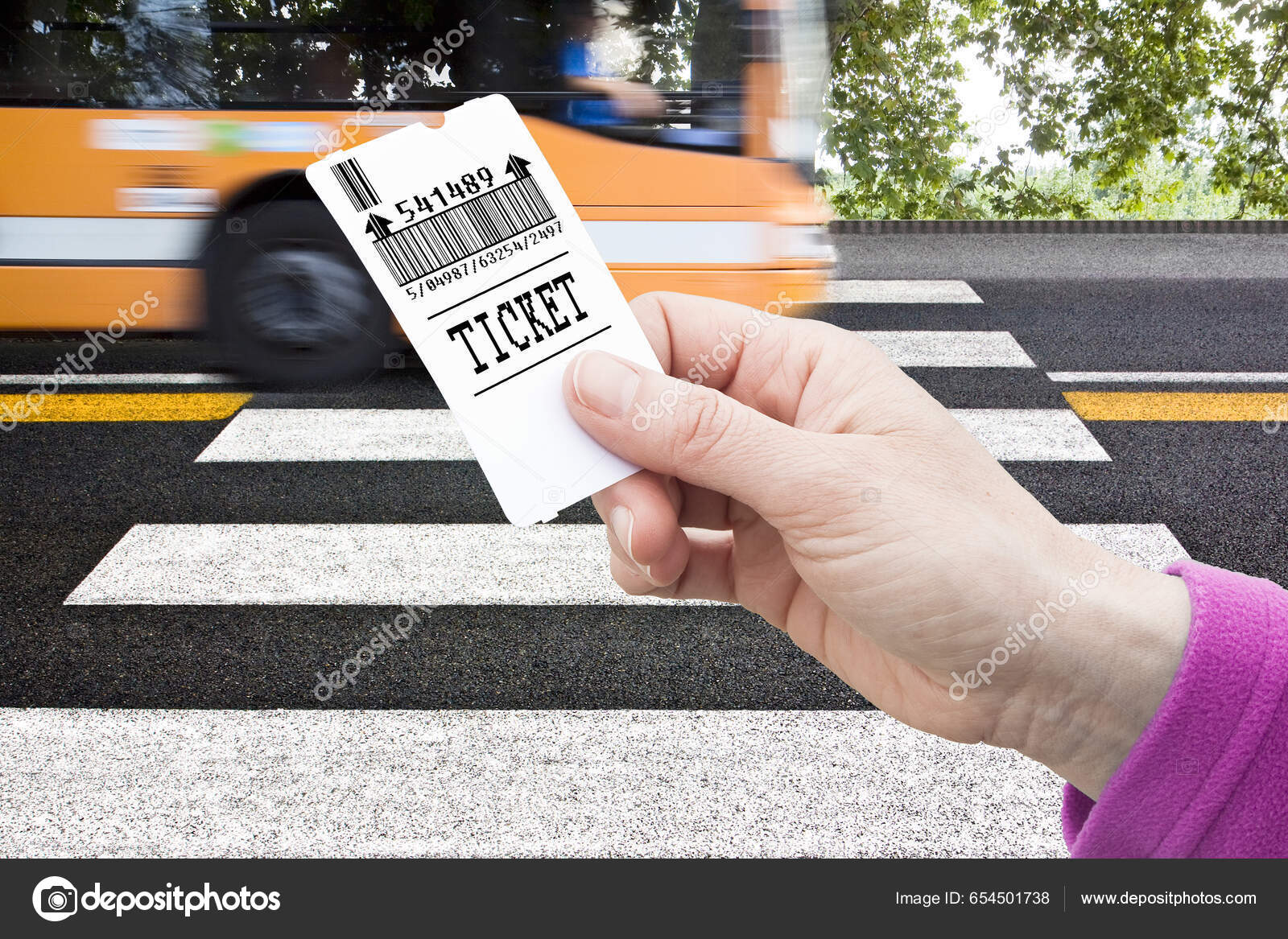 Hand Holds Bus Ticket Bus Payment Concept Pedestrian Crossing Bus