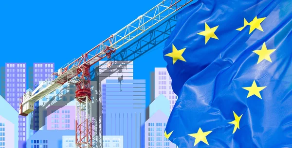 Building Activity Europe Concept Imaginary Cityscape European Flag Tower Crane — Foto de Stock