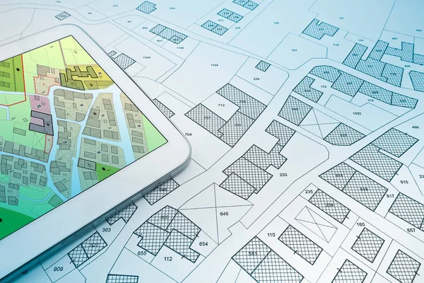 Buildings Permit Concept Imaginary Cadastral Digital Tablet Building Activity Construction — Fotografia de Stock