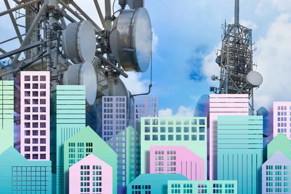 Bir yerleşim bölgesinde elektromanyetik kirliliğe maruz kalma konusunda uyarı - küresel iletişim hizmetleri için baz radyo istasyonu kavramı ve elektromanyetik emisyon alanları ve hayali bir şehir manzarasına karşı radyasyonlar