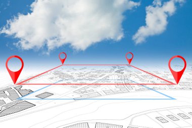 Land plot management - real estate concept with a vacant land and cadastral parcel available for building activity with cloudy sk
