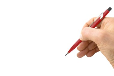 Beyaz arkaplanda kırmızı kalemi olan erkek el yazısı - kopyalama alanı ile kavram