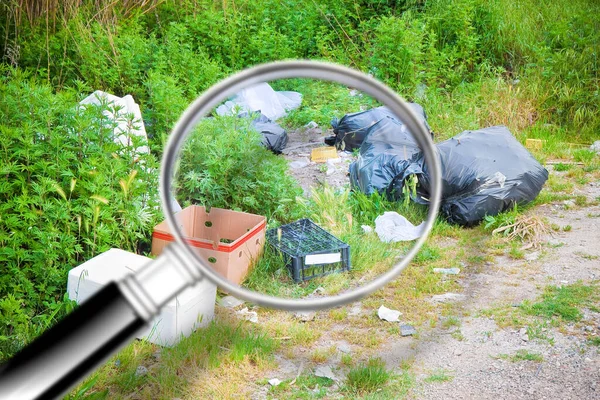 Illegal Dumping Plastic Bags Abandoned Nature Concept Image Seen Magnifying — Fotografia de Stock