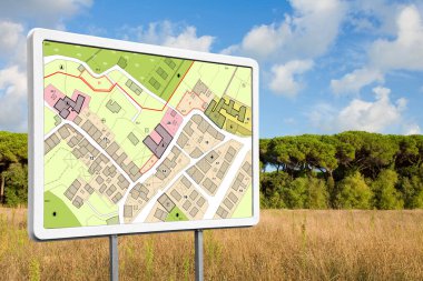 İlan panosu hayali bir Şehir Planı ile şehir merkezleri inşa edilebilir bölgeler ve kırsal bir bölgede arazi arazisi göstergeleri