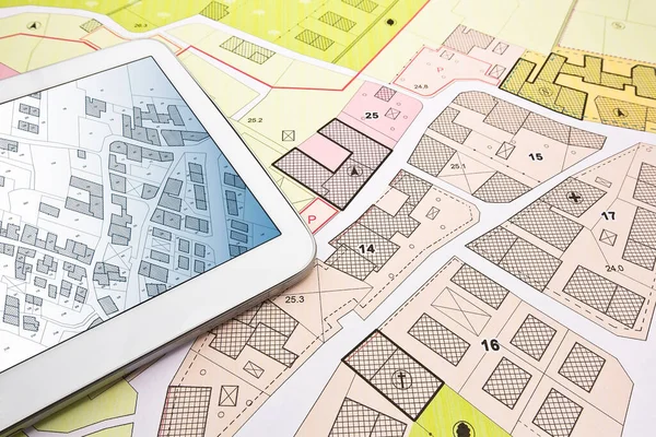 Buildings Permit Concept Imaginary Cadastral Digital Tablet Building Activity Construction — Foto de Stock