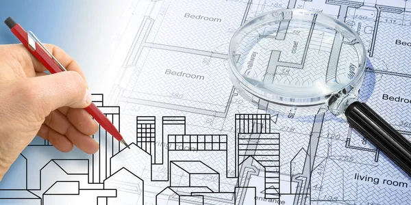Arkitekt Som Planerar Ett Bostadshus Över Imaginär Stadsbild Och Fastighetsskifte — Stockfoto