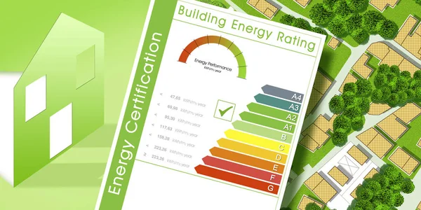 Gebäude Energieeffizienzkonzept Mit Energieklassen Nach Dem Neuen Europäischen Recht Wohnmodell — Stockfoto