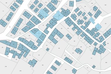 Binalar, arazi paketleri ve boş arsalar kağıda basılmış hayali kadastro haritası