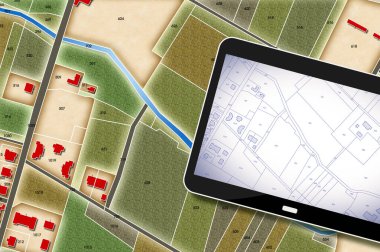 Imaginary land cadastral map of territory with rural buildings, fields and land parcels - concept with 3D render of a digital tablet clipart