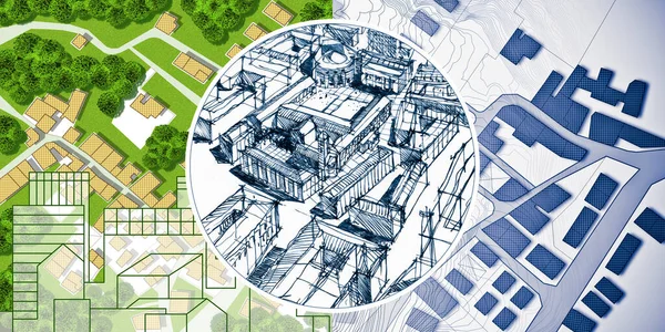 Een Nieuwe Stad Plannen Concept Met Potlood Een Schets Van — Stockfoto