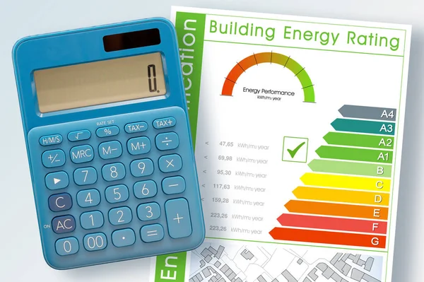 Buildings energy efficiency concept with energy classes according to the new European law - efficiency rating concept with calculator