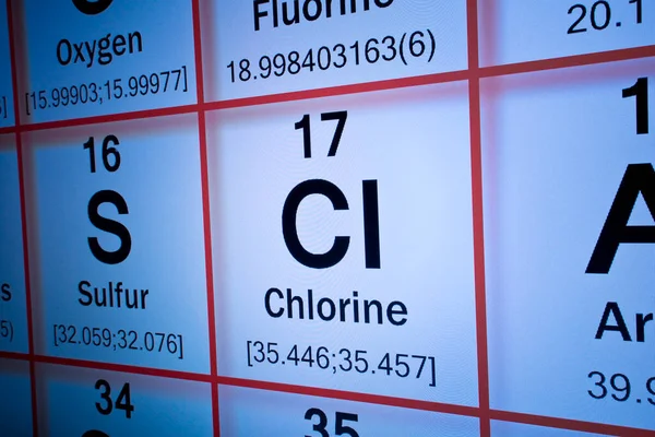Elemento Químico Chlorine Mendeleev Conceito Tabela Periódica Com Macrofotografia Monitor — Fotografia de Stock