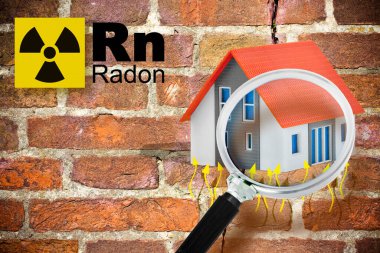 Binalardaki radon gazı tehlikesi - elementlerin periyodik tablosu, radyoaktif uyarı sembolü ve çatlak tuğla duvara karşı büyüteç ile görülen ev ikonu - boşluğu kopyala